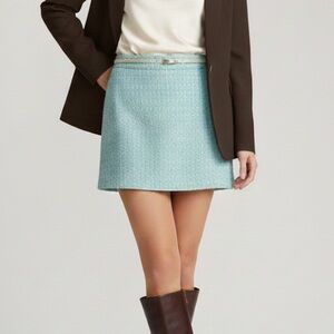 Share QMack Tweed Mini Skirt Jacquard Aqua High Waist Size S Preppy Academia EUC